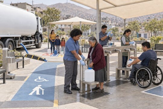 municipal water distribution point offers shaded, accessible taps as workers help an older woman and a wheelchair user fill containers during severe drought conditions