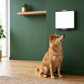 red shiba inu dog sitting on wooden floor looking at tablet with white empty mockup screen mounted on green wall indoors
