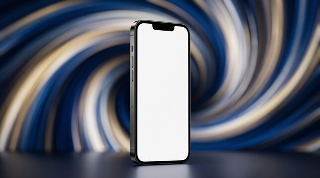 modern smartphone with a blank white display standing vertically against a blue and golden spiral abstract background high tech concept device and stylish mobile phone mockup display