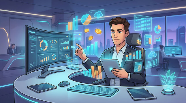 Financial Analyst Interacting with Futuristic Holographic Data Dashboard Illustration