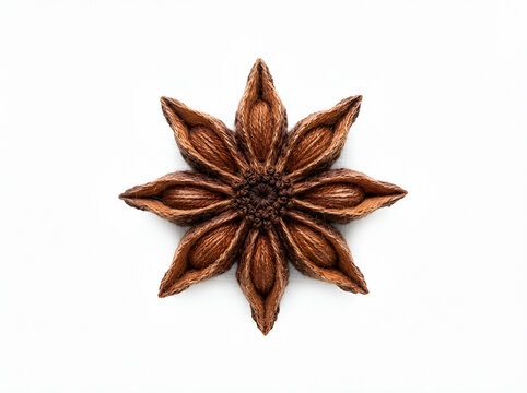 Star anise spice arranged in geometric flower pattern on white background, used
