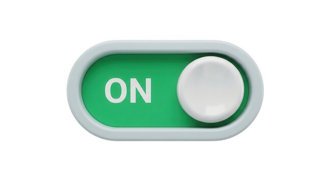 3d toggle switch button set to on position isolated on transparent background