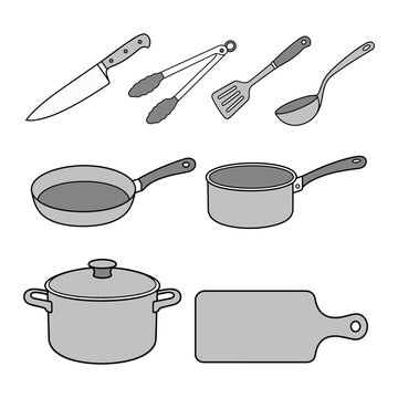 Kitchen Tools Collection Black and White Minimal Line Art Vector Set
