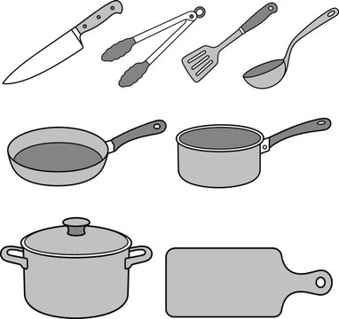 Kitchen Tools Collection Black and White Minimal Line Art Vector Set