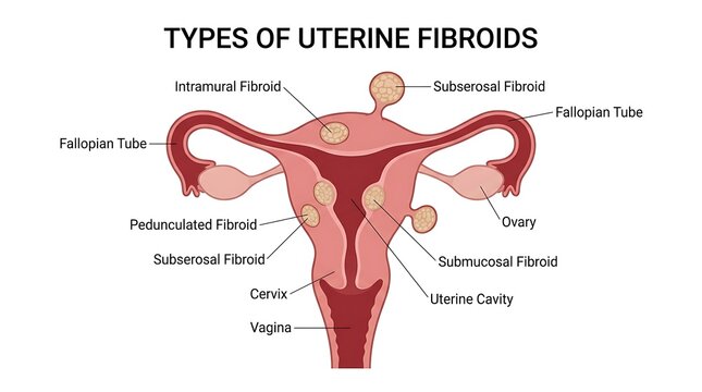 Medical diagram illustrating the various types of uterine fibroids within the female reproductive system with female health