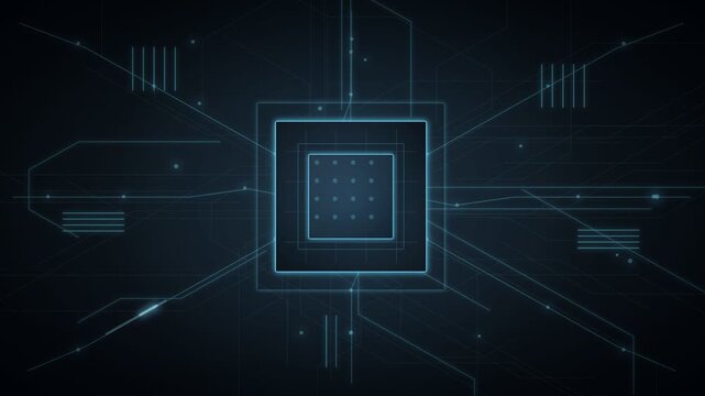 A glowing central microchip graphic with a matrix of dots, surrounded by stylized circuit lines and geometric patterns on a dark blue interface.