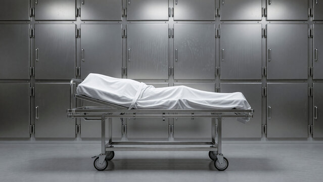 Covered corpse on metal gurney in hospital morgue, forensic science and medical investigation