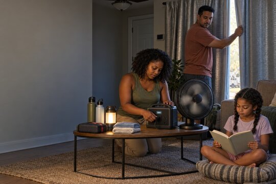 family creates one cool room during a power outage in a heatwave, using a portable battery to run a fan while curtains block sunlight and a child rests with a book indoors