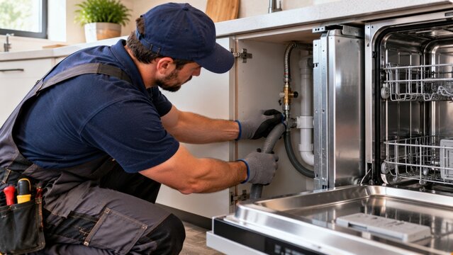 Male plumber in protective gloves connects flexible drain hose of modern integrated dishwasher under counter.