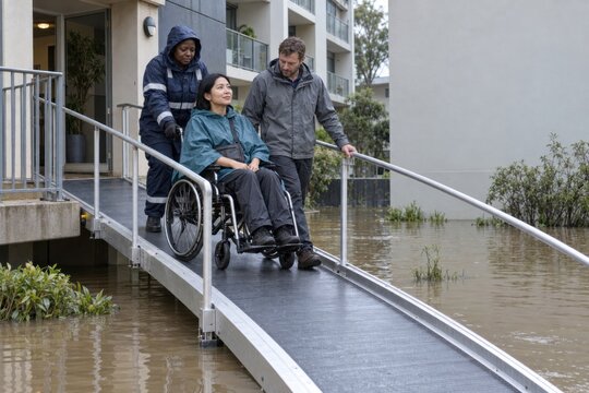 rescue worker and neighbor help an adult wheelchair user descend an accessible ramp above floodwater, highlighting inclusive evacuation and community disaster support