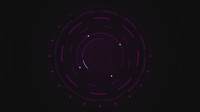 Minimalist circular motion graphic with concentric rings, dashed orbital paths, and small glowing points on a dark .