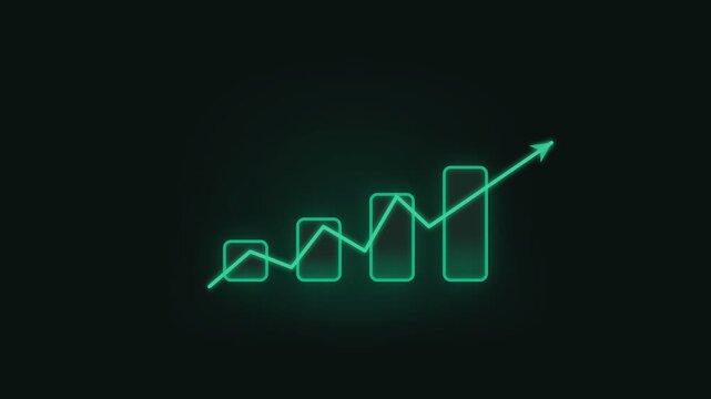 A neon green line graph with a rising trend, visualized as a continuous glowing line overlaying four rectangular bar chart columns on a dark .