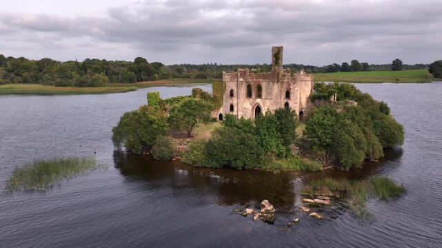 McDermotts Castle on an island in Lough Key, County Leitrim, Ireland. Aerial View of Old Castle on the small island.
