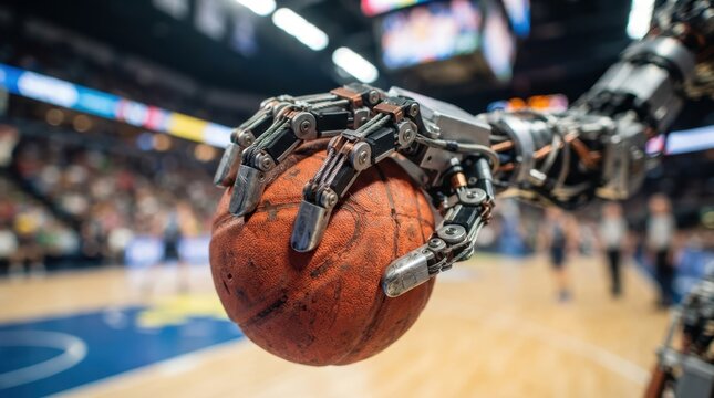 Humanoid robot hand with knuckle actuators and cable tendons catching a game ball on an arena floor