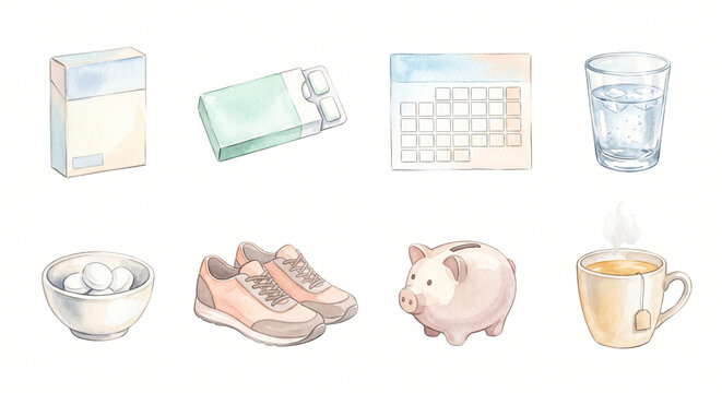 禁煙外来と禁煙補助の用品 アイコンセット 水彩