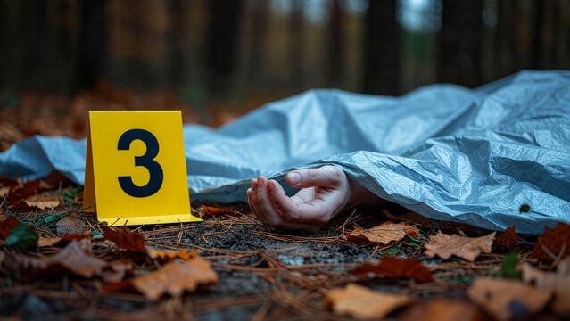 Dead body under plastic sheet near evidence marker in autumn forest, homicide investigation and crime scene