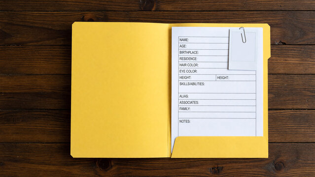 Open folder with blank dossier document and paperclip on wooden desk, criminal investigation and identity profiling