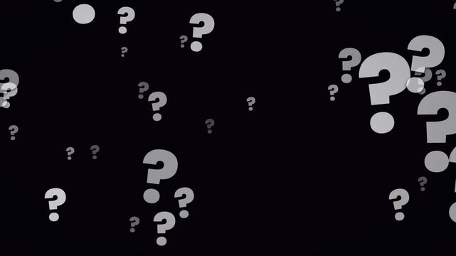 A composition of scattered white question marks of varying sizes arranged against a solid black surface, creating a pattern of symbols.