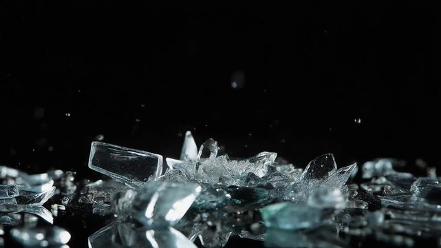 黒背景にガラスの破片が落ちて粉々になる
