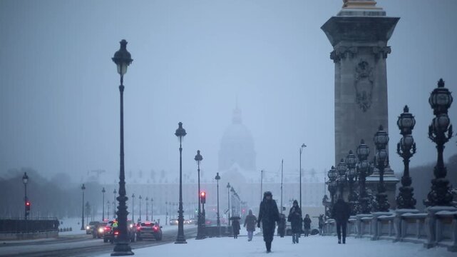 Snow-covered Alexandre III bridge in Paris during winter snowfall, with ornate street lamps and golden statues creating a picturesque and atmospheric cityscape
