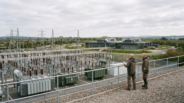 Engineers evaluate substation capacity by a tech campus