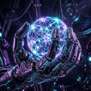 Robotic hand holding a glowing blue energy sphere featuring complex metallic textures and cool neon lighting in a futuristic digital environment.