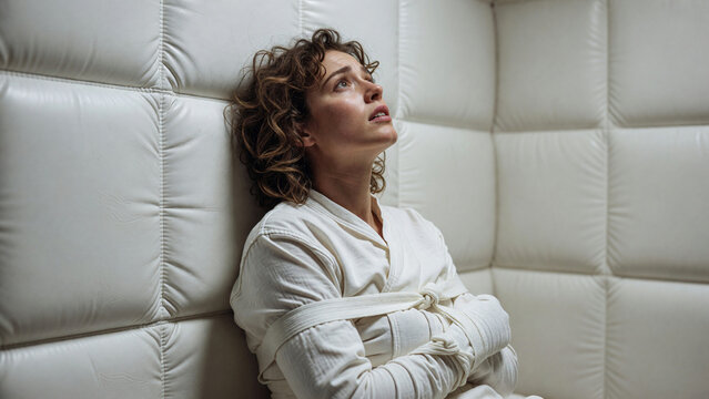Female patient in straitjacket sitting in padded cell, mental crisis and psychiatric disorder