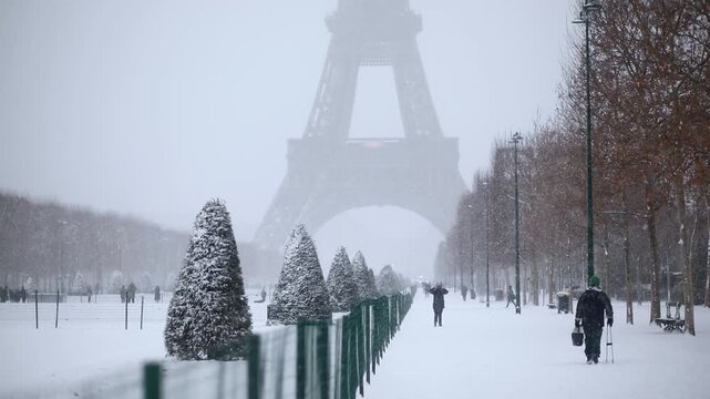 People walking through heavy snowfall on Champ de Mars near the Eiffel Tower in Paris. Snowstorm covers the scene in a wintery haze, creating a magical and atmospheric view of the city