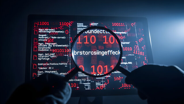 Cyber security analyst investigating binary code breach on a computer monitor with a magnifying glass