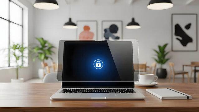 Modern laptop with a secure lock icon displayed on the screen resting on a wooden desk inside a bright contemporary office space