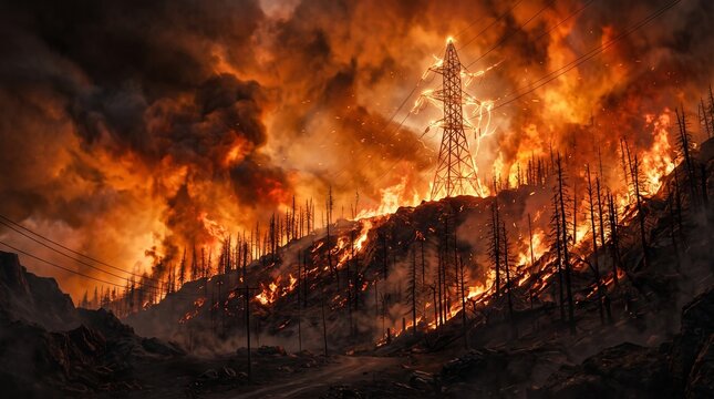 Wildfire engulfs a wooded hillside and a tall electrical transmission tower amidst thick, billowing smoke.