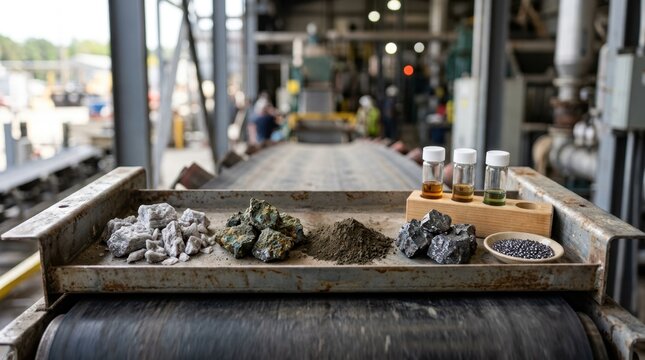 Rare earth concentrate with lithium spodumene, nickel sulfide, copper ore, magnetite grains and assay vials on a conveyor tray for critical mineral supply chain