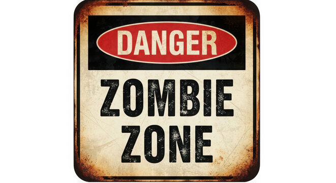 Danger Zombie Zone warning metal sign with rusted texture effect isolated on transparent background