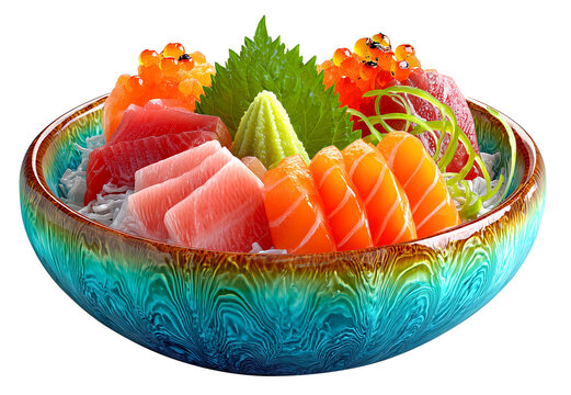 Vibrant sashimi bowl featuring fresh salmon, tuna, and roe, garnished with wasabi and shiso leaves, presented in colorful ceramic dish., isolated