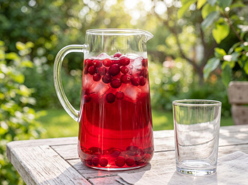 Red Berry Mors Drink in Clear Glass Pitcher With Cranberries and Crushed Ice