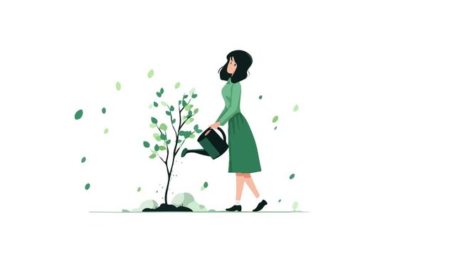 girl watering flower and garden motion video, girl green, girl saving plant, save plant, flower video, flat design flower, advertise, display garden
