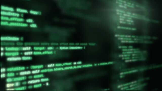 Camera flying through green programming code on dark screen, glowing source code with depth of field, software development and hacker background