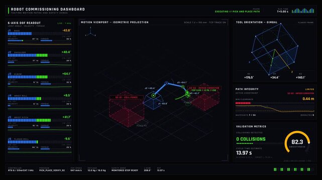 A high-tech robot commissioning dashboard displays motion paths and safety zones with neon green highlights, showcasing a 3D wireframe arm and live data readouts in a dark environment.