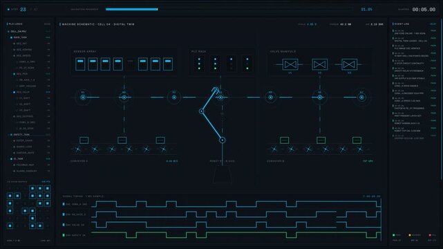 Explore a cinematic virtual commissioning dashboard showcasing automation logic testing before equipment installation with an engaging dark-mode interface and animated elements.