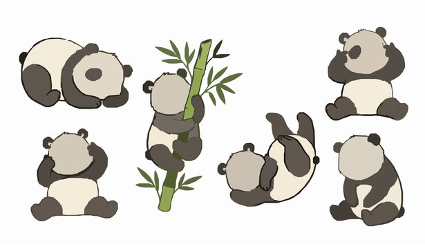 Hand Drawn Cute Panda Characters with Bamboo and Expressive Moods