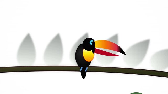 Stylized colorful toucan bird perched on a branch with artistic leaf shadows in a minimalist vector illustration style