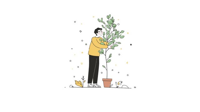 man watering a plant tree, flat design nature, man with nature, save earth day, display, advertise nature, motion video nature