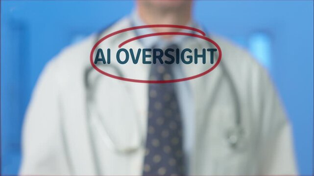 Doctor outlining the term ai oversight on a transparent screen, highlighting the critical need for artificial intelligence regulation, ethics, and control within healthcare and technology