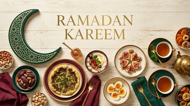 Ramadan iftar spread with traditional dishes and crescent moon decoration on wooden table