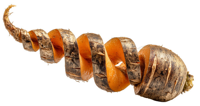 Twisted carrot with surreal corkscrew shape and cracked, dried surface creates intriguing visual., isolated