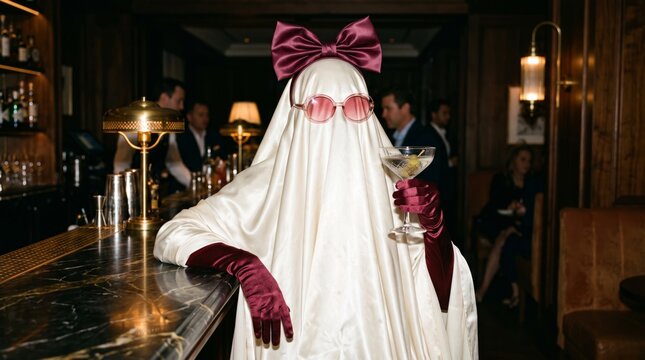 Stylish sheet ghost wearing pink sunglasses and bow holds a cocktail at an elegant bar during Halloween