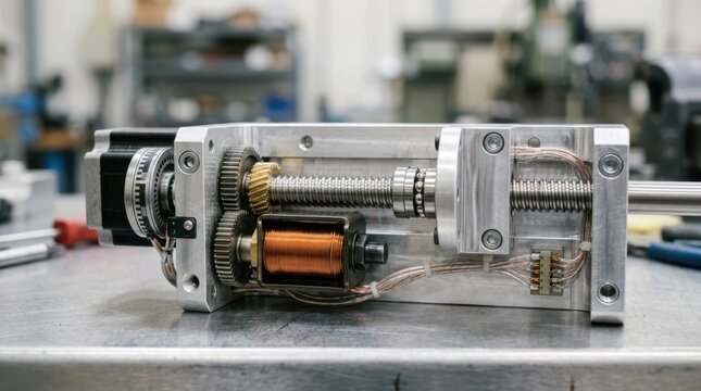 Electromechanical actuator parts including ball screw, encoder ring, solenoid coil and gear train on an industrial surface