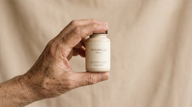 Hand of senior person holding vitamin d3 supplement bottle. Elderly hand with bone health support medication