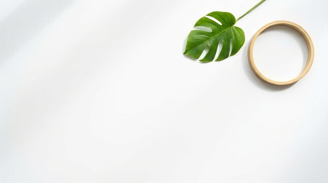 Minimalist flat lay with green monstera leaf and round wooden ring on white background with shadow.