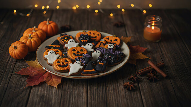 Cozy Halloween scene with homemade decorated gingerbread cookies served on a plate surrounded by pumpkins and candlelight created with generative AI.
